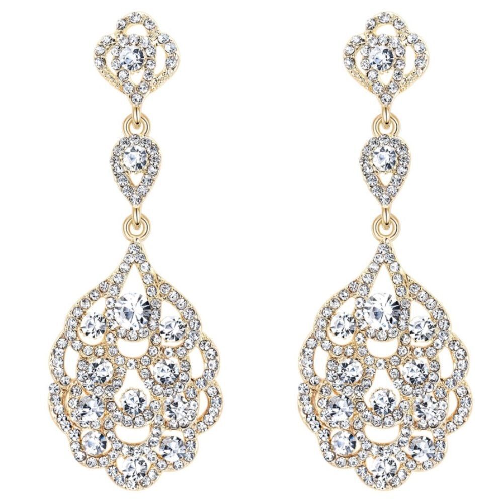 Yellow Gold with White Diamond Austrian Crystal Chandelier Clip On Earrings